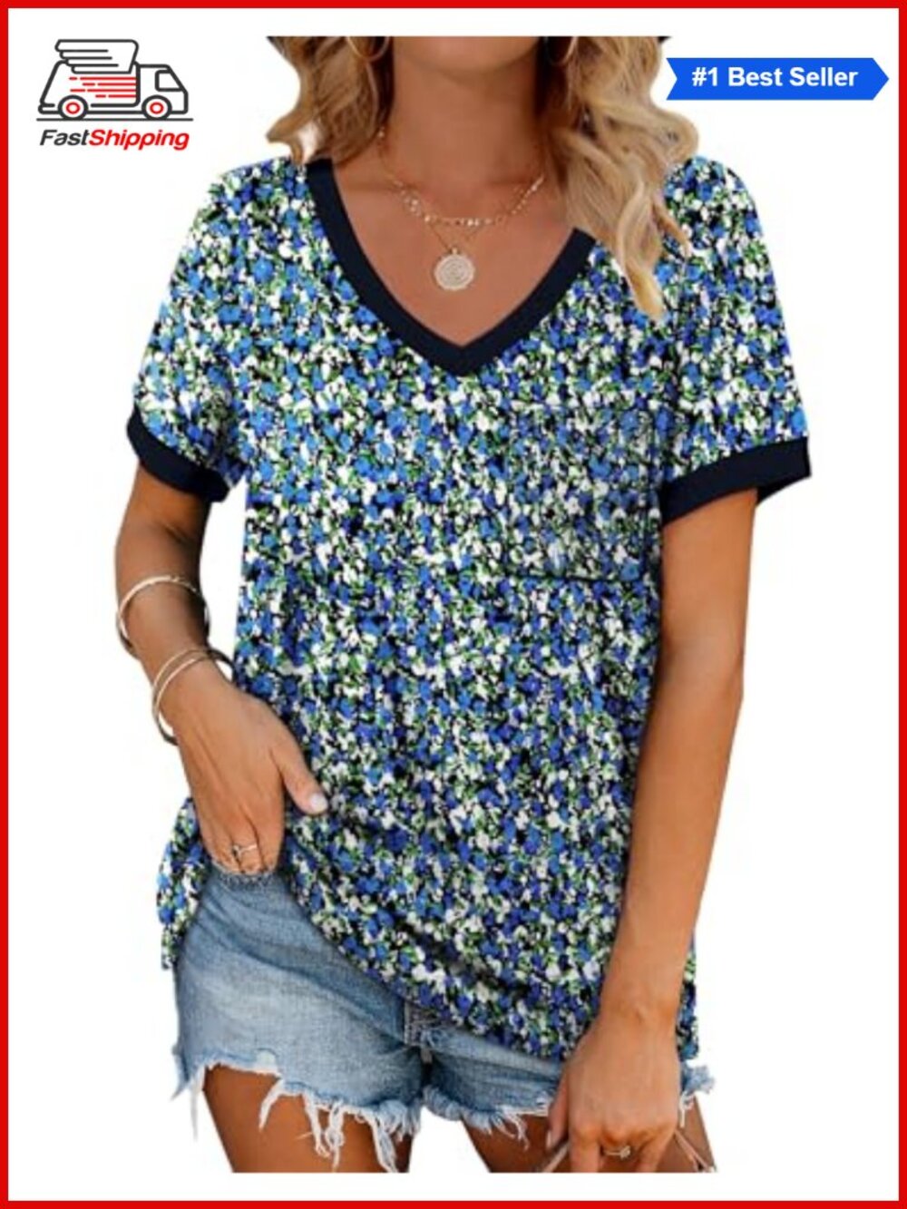 ✨ Womens V Neck Short Sleeve Loose Fit T Shirt with Pocket Casual Summer Top